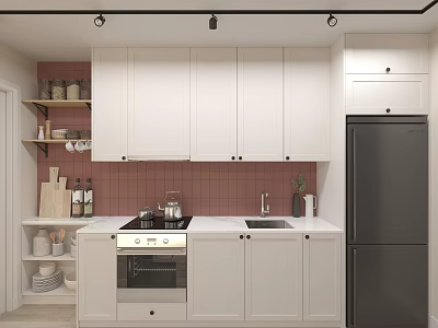 Modern Minimalist Kitchen Interior With White Cabinets Pink Tile Backsplash And Stainless Steel Refrigerator 3d model