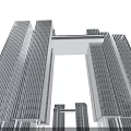 Modern High Rise Office Building With Glass Curtain Wall And Symmetrical Design