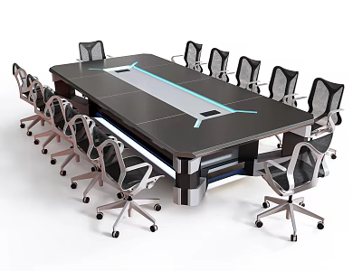 Modern Office Conference Table And Chair Set With Mesh Back Rolling Chairs 3d model