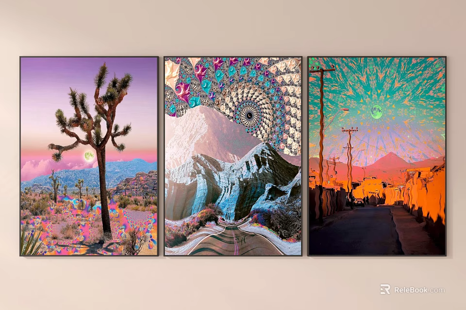 Triple Panel Canvas Art Featuring Joshua Tree Spiral Design Mountain And Road Scenery 3d model 