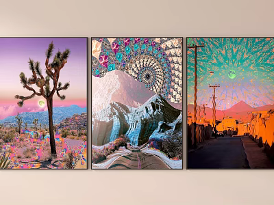Triple Panel Canvas Art Featuring Joshua Tree Spiral Design Mountain And Road Scenery 3d model