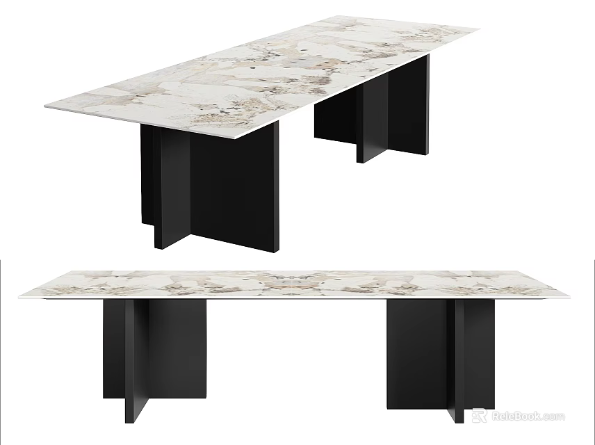 Modern Marble Top Dining Table With Sleek Black Legs Design 3d model 