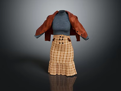 Fashionable Outfit Featuring Brown Leather Jacket Blue Turtleneck And Plaid Pleated Skirt With Black Buttons 3d model