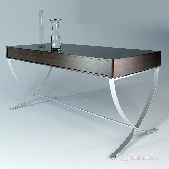 Modern Office Desk With Dark Surface Curved Metal Legs And Drawer Decorated With Vases 3d model 