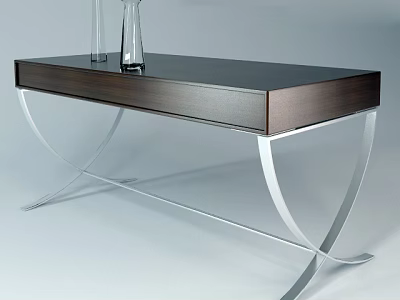 Modern Office Desk With Dark Surface Curved Metal Legs And Drawer Decorated With Vases 3d model