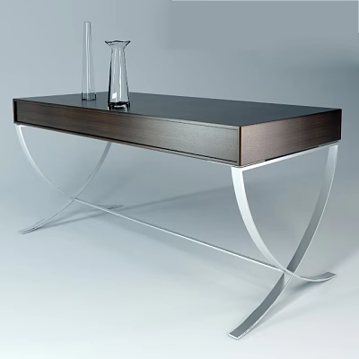 Modern Office Desk With Dark Surface Curved Metal Legs And Drawer Decorated With Vases 3d model