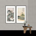 Chinese Landscape Paintings Hanging On Wall With Traditional Mountain Art Wooden Table Vase And Books