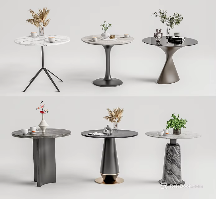 Modern Dining Tables With Marble Tabletops Varied Base Designs And Decorative Plants 3d model