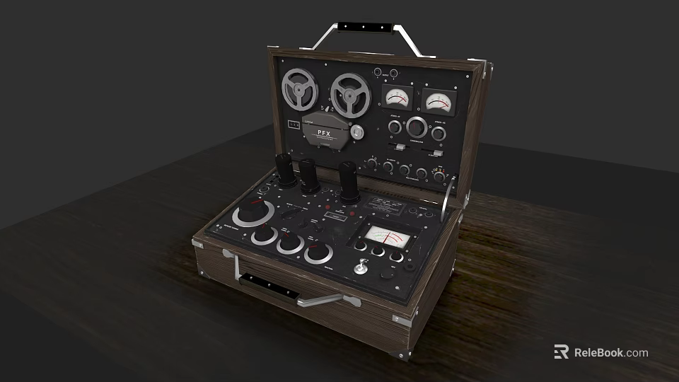 Portable Electronic Control Device In Wooden Case With Knobs Gauges And Switches 3d model 