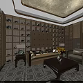 Traditional Chinese Clubhouse Lounge With Decorative Wall Sofa Set Coffee Table And Ambient Lighting