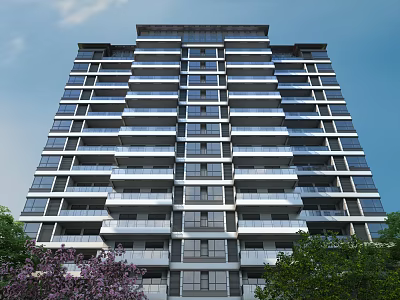 Modern High Rise Residential Building With Multiple Balconies Surrounded By Trees And Clear Sky 3d model