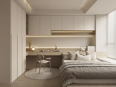 Modern Tatami Bedroom Interior Design With Desk Chair Cabinets And Warm Lighting 3d model