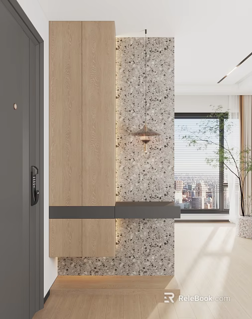 Modern Foyer Hallway With Wooden Panels Terrazzo Wall Pendant Light And Indoor Plant 3d model 