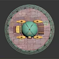 Smart Machine Featuring Green Pumpkin Shaped Carriage With Wheels Wooden Barrel And Stone Wall Base