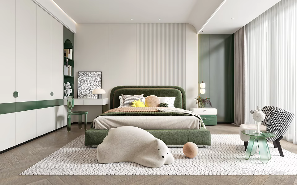 Modern Children's Bedroom Interior Design With Green Bed Yellow Brown Pillows White Plush Bear And Rug 3d model 