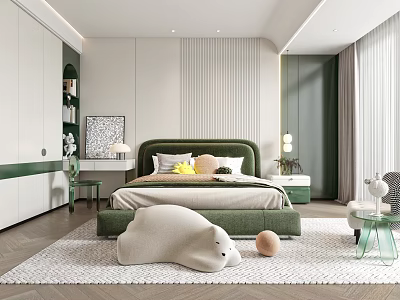 Modern Children's Bedroom Interior Design With Green Bed Yellow Brown Pillows White Plush Bear And Rug 3d model