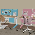 Blue And Pink Children's Desk With Butterfly Wing Chair And Storage Shelves
