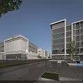 Modern Industrial Factory Exterior Architecture With Glass Facade Green Plaza And Trees