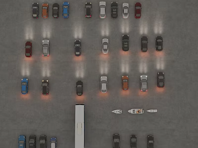 Different Colored Cars Neatly Parked In Organized Parking Lot With Lighting 3d model