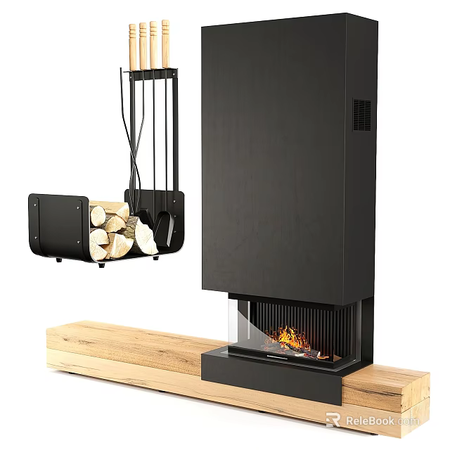 Modern Black Fireplace Design with Wooden Base Firewood and Burning Flames 3d model 