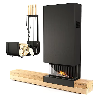 Modern Black Fireplace Design with Wooden Base Firewood and Burning Flames 3d model