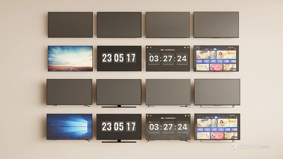 Multiple TVs Arranged with Screens Displaying Scenery Time and Program Menus 3d model 
