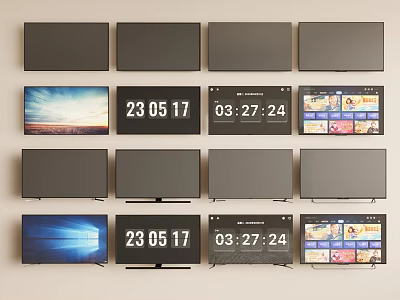 Multiple TVs Arranged with Screens Displaying Scenery Time and Program Menus 3d model