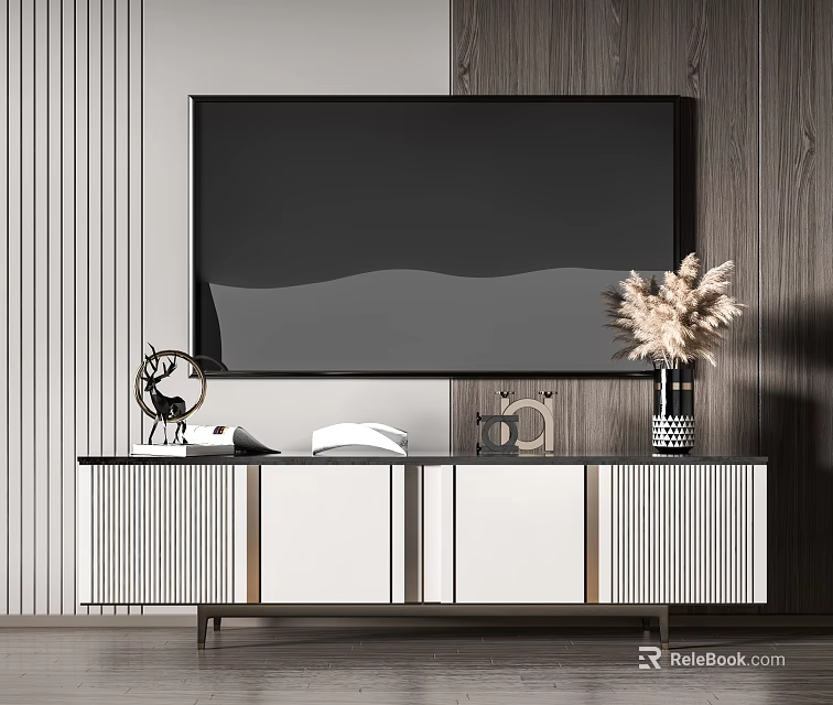 Modern TV Stand With White Gray Panels Decorative Vase And Dried Flowers On Wooden Wall 3d model 
