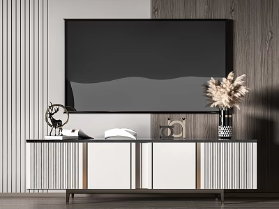 Modern TV Stand With White Gray Panels Decorative Vase And Dried Flowers On Wooden Wall 3d model