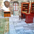 Traditional Study Interior With Arched Windows Shield Decoration Wooden Bookshelves And Writing Desk