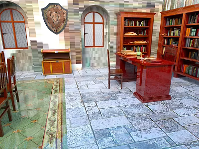 Traditional Study Interior With Arched Windows Shield Decoration Wooden Bookshelves And Writing Desk 3d model
