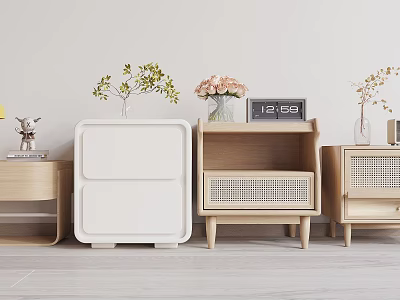Modern Nightstand Designs With Wooden White Finishes And Decorative Plants Clock 3d model