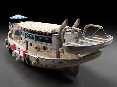 Vintage Wooden Yacht with Blue White Canopy Red Accents Two Chimneys Dinghy and Open Deck 3d model
