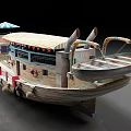 Vintage Wooden Yacht with Blue White Canopy Red Accents Two Chimneys Dinghy and Open Deck