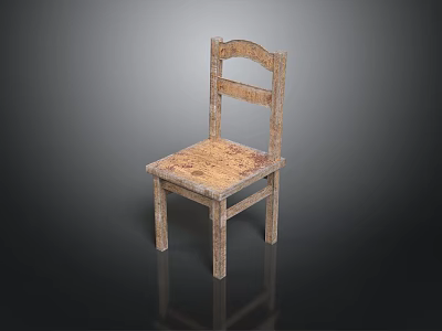 Vintage Wooden Stool with Carved Backrest and Worn Surface Texture Rustic Design 3d model