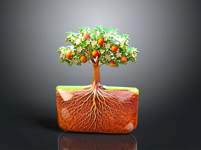 Decorative Potted Tree With Green Leaves Red Fruits And Visible Roots In Square Transparent Container 3d model
