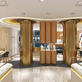 Elegant Jewelry Store Interior With Gold Decorative Columns And Glass Display Cases