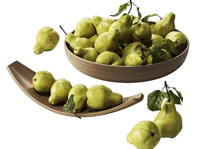 Fresh Green Pears in Wooden Bowl and Tray with Fresh Leaves 3d model