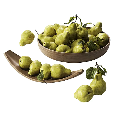 Fresh Green Pears in Wooden Bowl and Tray with Fresh Leaves 3d model
