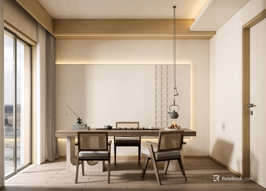 Modern Minimalist Tea Room With Wooden Table Chairs Natural Light And Tea Set 3d model 