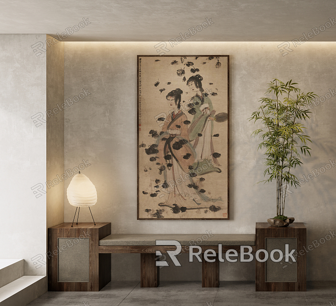 New Chinese Figure Painting, Traditional Chinese Painting, Art Hanging Painting, Table Lamp, Green Plant, Potted Plant model