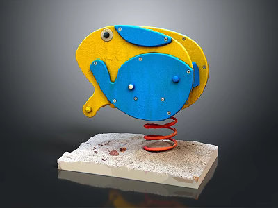 Colorful Fish Shaped Playground Equipment with Yellow Blue Body and Red Spring On Concrete Base 3d model