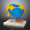 Colorful Fish Shaped Playground Equipment with Yellow Blue Body and Red Spring On Concrete Base
