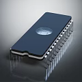 Black Integrated Circuit Chip With Circular Transparent Window And Metal Pins On Reflective Surface