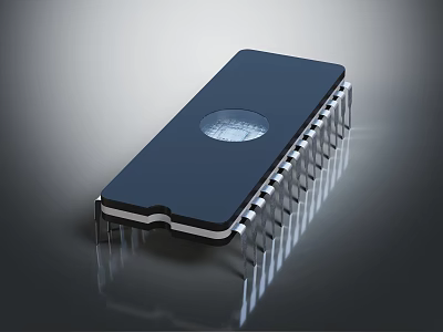 Black Integrated Circuit Chip With Circular Transparent Window And Metal Pins On Reflective Surface 3d model