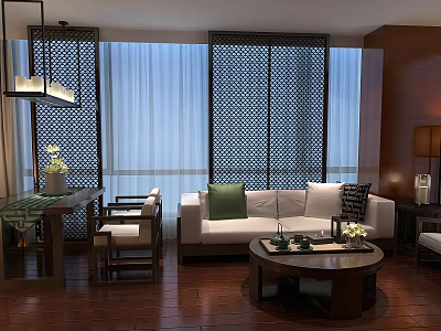 Elegant Hotel Guest Room Interior With Sofa Coffee Table Wooden Screen And Pendant Light 3d model