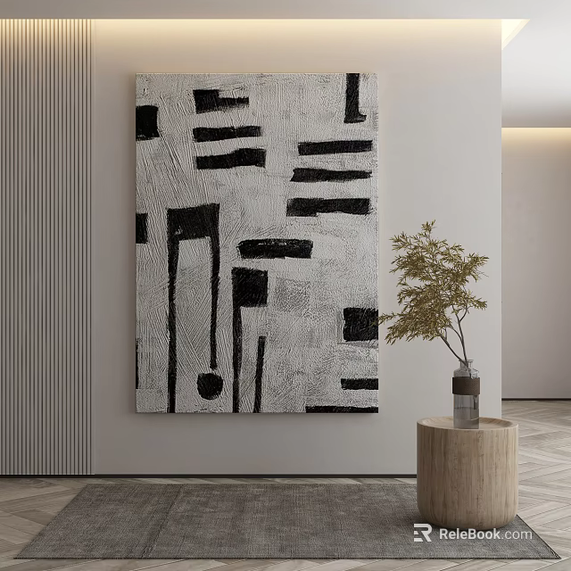Large Black White Geometric Abstract Painting With Lines On Gray Wall Near Green Plant 3d model 