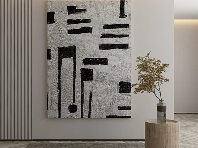 Large Black White Geometric Abstract Painting With Lines On Gray Wall Near Green Plant 3d model