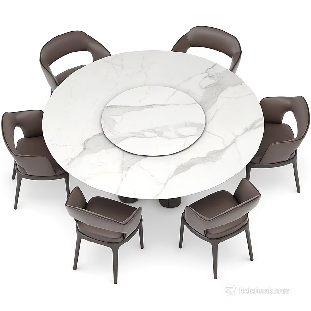 Modern Round Dining Table Set with White Marble Top and Dark Brown Chairs 3d model