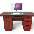Sturdy Wooden Office Desk With Computer Monitor Keyboard Mouse And Storage Drawers